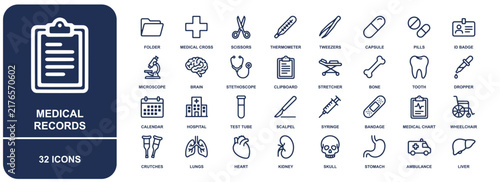 Set of 32 medical and healthcare line icons, featuring hospital equipment, human organs, and diagnostic tools on a white background