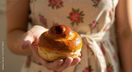 Woman's hand in an apron holding a glossy brioche roll, flour flecks on fingertips