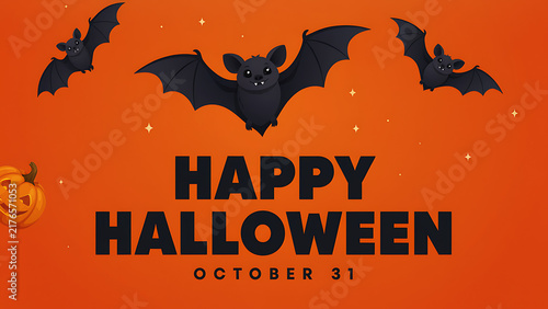 Spooky Halloween banner featuring bold black typography, cute flying bats, and orange pumpkin on bright orange background, created with generative ai.