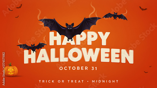 Happy Halloween banner with cream typography, flying dark bats, smoke wisps, and glowing jack o lantern on orange background, created with generative ai.
