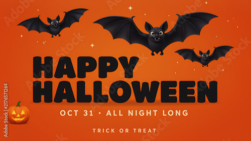 Vibrant Happy Halloween header with bold rounded typography, flying bats, and glowing jack o lantern on orange background, created with generative ai.
