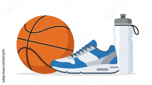 Sports Gear Essentials: A vibrant illustration showcasing a basketball, a sleek athletic shoe, and a water bottle, representing the fundamental equipment for any sporting endeavor.