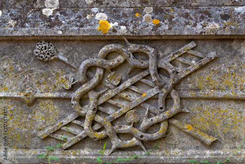 Arma Christi Relief with Crown of Thorns and Ladder Carved on Old Tombstone