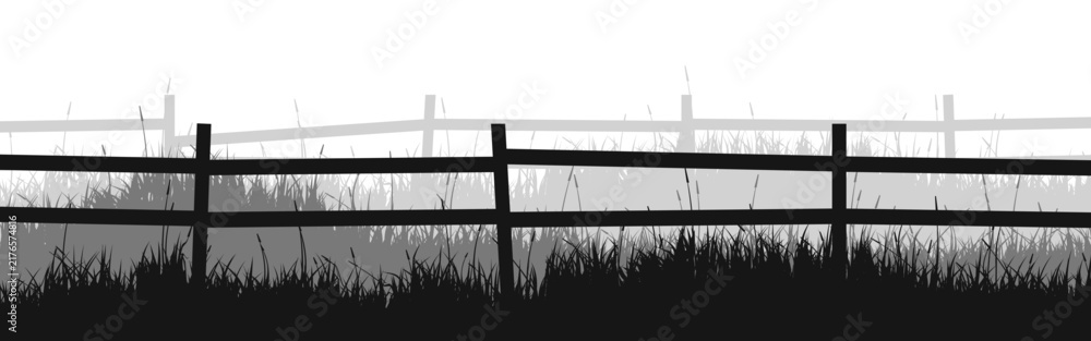 Obraz premium Meadow silhouettes with grass and old wooden fence. Countryside, panoramic summer lawn rural landscape with herbs, weeds. Herbal border, frame element. Black horizontal banners. Vector illustration
