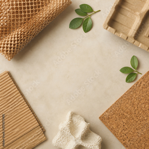 Biodegradable packaging materials flat lay with copy space