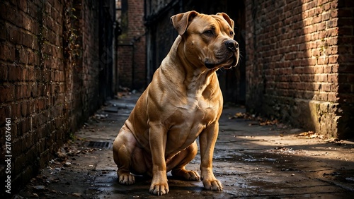 Dogs American Staffordshire Terrier with Fawn Coat Sitting in Narrow Urban Alleyway with Brick Walls for Powerful Animal Portrait and Street Photography