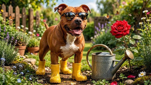 Humorous Red American Staffordshire Terrier Wearing Yellow Rain Boots and Sunglasses in Garden Setting with Watering Can and Red Rose for Whimsical Nature Theme