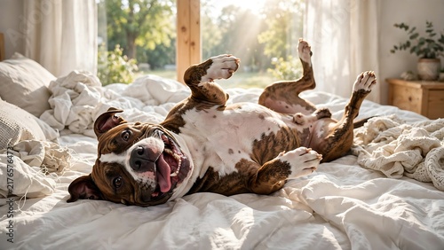 Playful American Staffordshire Terrier Lying Upside Down on White Bedding in Sunny Bedroom for Happy Pet Lifestyle and Home Comfort Concept