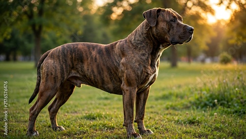 Muscular Brindle American Staffordshire Terrier Side Profile Portrait Standing in Park during Golden Hour Sunset for Athletic Dog Training and Outdoor Fitness