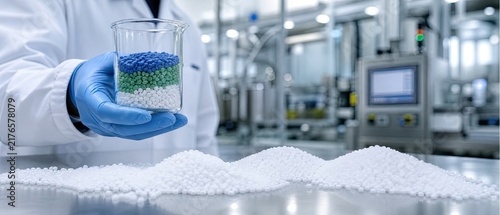 Laboratory researcher in blue nitrile gloves holding beaker with multicolored polymer raw material pellets for quality control evaluation inside lab facility.