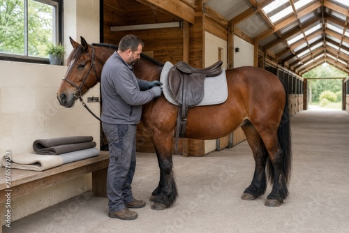 Horse saddle fitting fitter assessing pad thicknesses on broad backed cob wide barn middle aged white man stocky build working