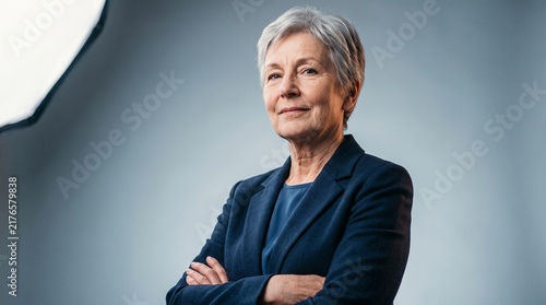Confident senior businesswoman with arms crossed posing in studio portrait