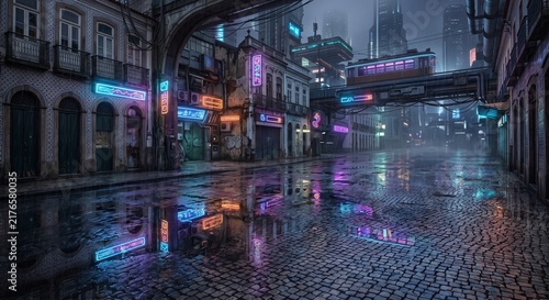 Cyberpunk Brazilian colonial street with neon signs and futuristic tram in the rain