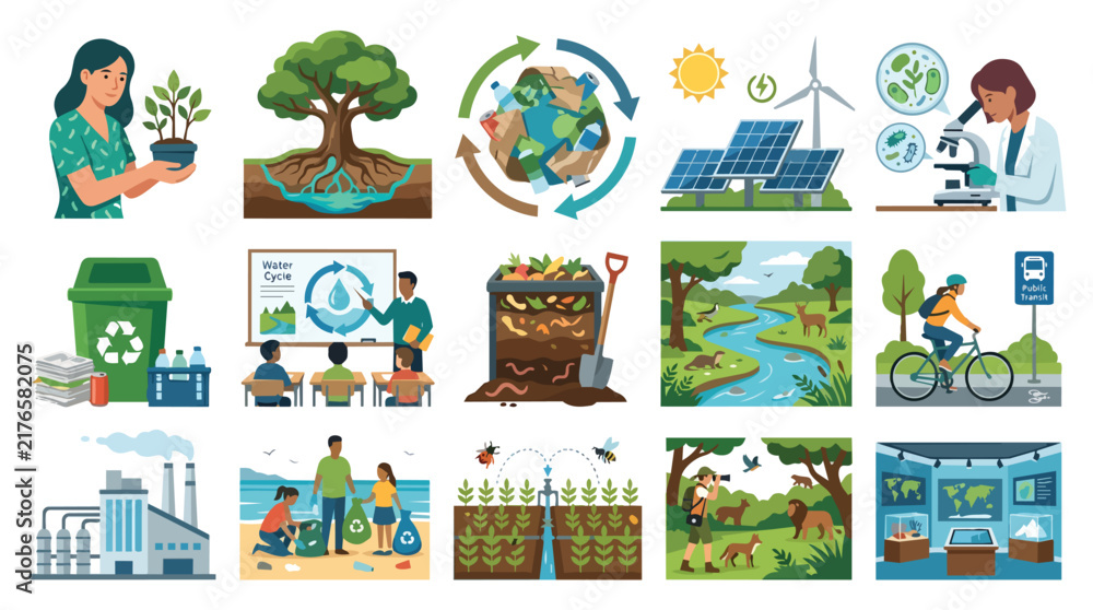 Fototapeta premium Sustainable ecology icons and environmental conservation scenes in modern vector for educational materials and green earth campaigns