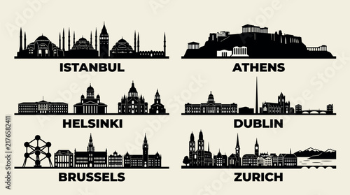 European City Skyline Black Silhouette Set with Istanbul Athens Helsinki Dublin Brussels and Zurich Famous Landmarks on White Background