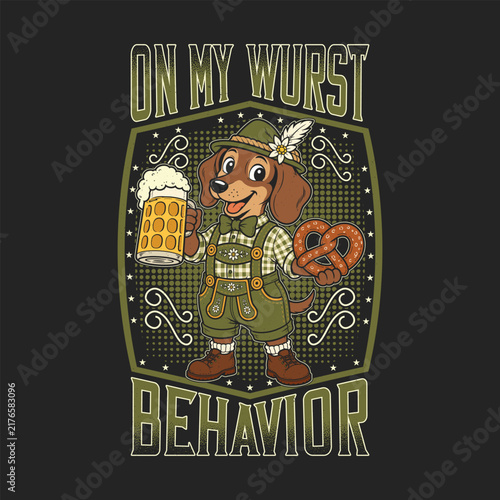 On My Wurst Behavior - Dachshund in Bavarian Costume with Beer and Pretzel - Oktoberfest Vintage T Shirt Design 