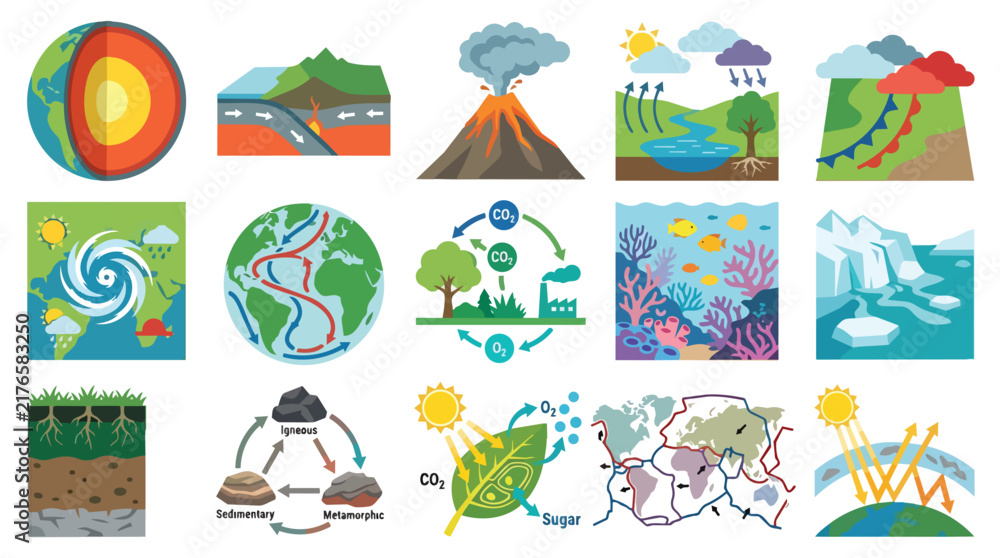 Naklejka premium Earth science infographics and physical geography diagrams in modern flat vector for environmental education branding