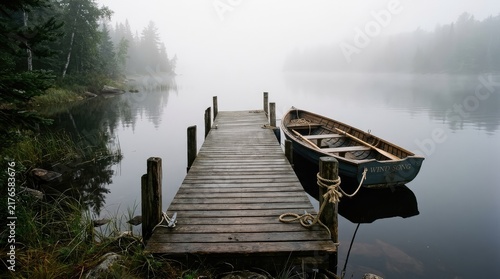Misty Wooden Dock Over Calm Lake Water in Foggy Morning