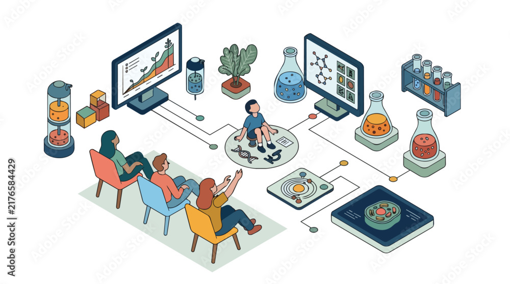 Fototapeta premium Biotechnology extended reality lab and immersive stem education in isometric vector style for scientific research training