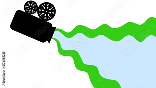 Creative 2D animation of a black retro film camera emitting a flowing green and blue beam on a white background.