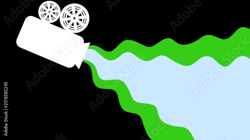 Creative 2D animation of a white retro film camera emitting a flowing green and blue beam on a black background.