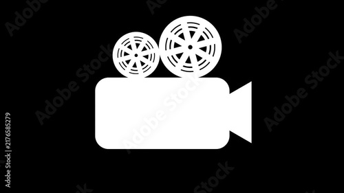 Animated white vintage film camera icon with spinning reels and a red recording indicator on a black background.