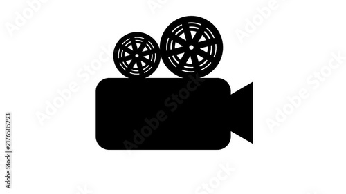 Animated black vintage film camera icon with spinning reels and a red recording indicator on a white background.