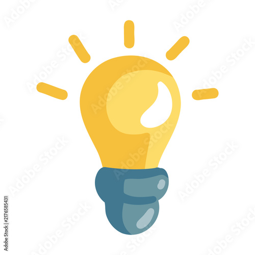 Glowing yellow light bulb with blue socket and light rays. Cartoon vector illustration on white background. 