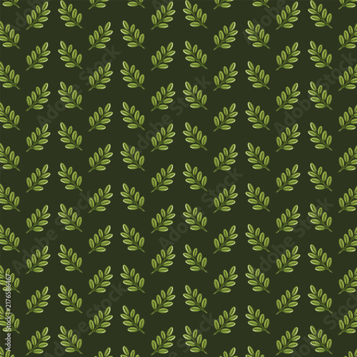 Seamless pattern with scattered green leafy branches on dark green background. Simple botanical print.