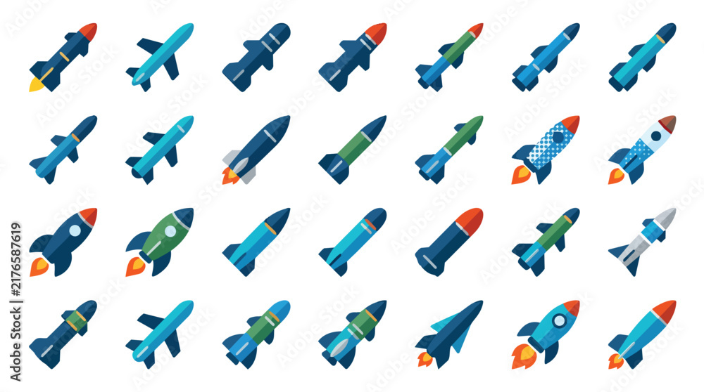 Fototapeta premium Rocket icons and missile collection featuring diverse spacecraft designs in modern flat vector for sci-fi gaming interfaces and aerospace education