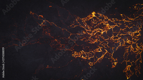 Aerial view of glowing lava flow spreading across dark volcanic rock, capturing the intense heat and textures of an active volcano in Reykjavik, Reykjavikurborg, Iceland.