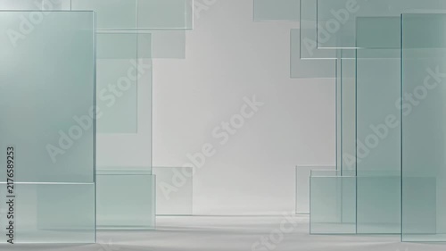 Minimalist product display showcase podium with frosted glass panels and bright neutral background