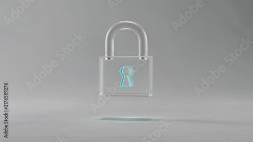 Transparent glass padlock hovering against a plain gray background symbolizing digital security