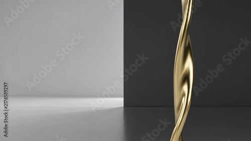Abstract flowing golden liquid silk ribbon sculpture in modern minimalist gray interior studio space