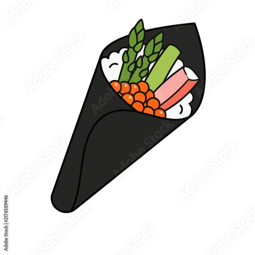 Temaki sushi roll with asparagus and roe