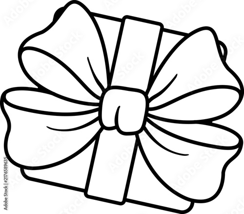 Gift box with big ribbon bow line art coloring page, vector outline illustration