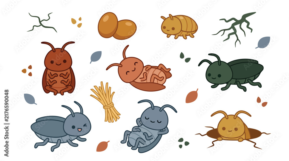 Obraz premium Subterranean insect characters and soil ecology icons in a kawaii flat vector style for biology education