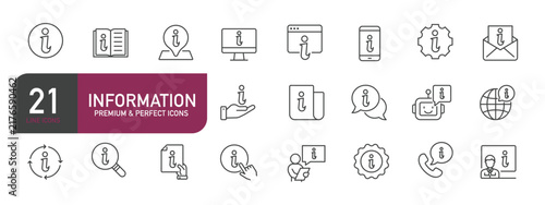 Set of line icons related to information. Outline icons collection. Editable stroke. Vector illustration