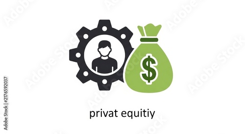 Private Equity Illustration - Gear, Person, and Money Bag Concept.