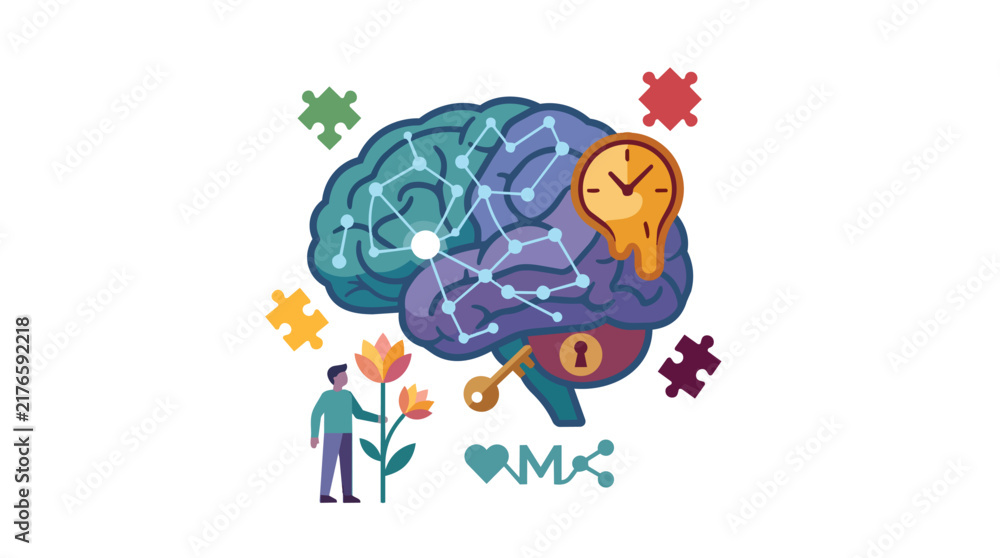 Fototapeta premium Psychology and cognitive brain function with mental health symbols in flat vector for neurological healthcare branding