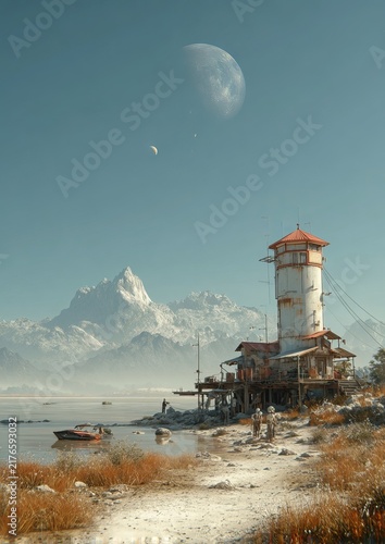 Tranquil Lakeside Retreat - Towering Structure Amidst Mountainous Landscape.