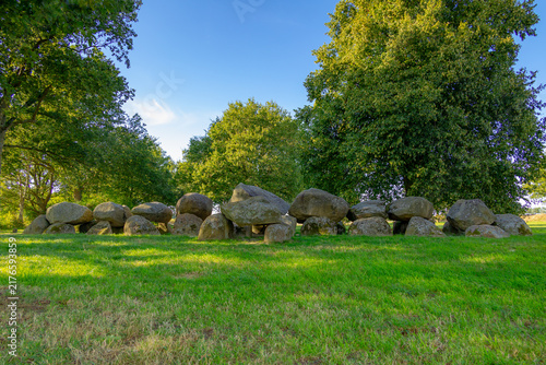 Obraz na płótnie Hunebedden on the Assen-Groningen, A dolmen is a type of single-chamber megalithic tomb, Usually consisting of two or more vertical, It is the only hunebed in the Dutch province, Drenthe, Netherlands