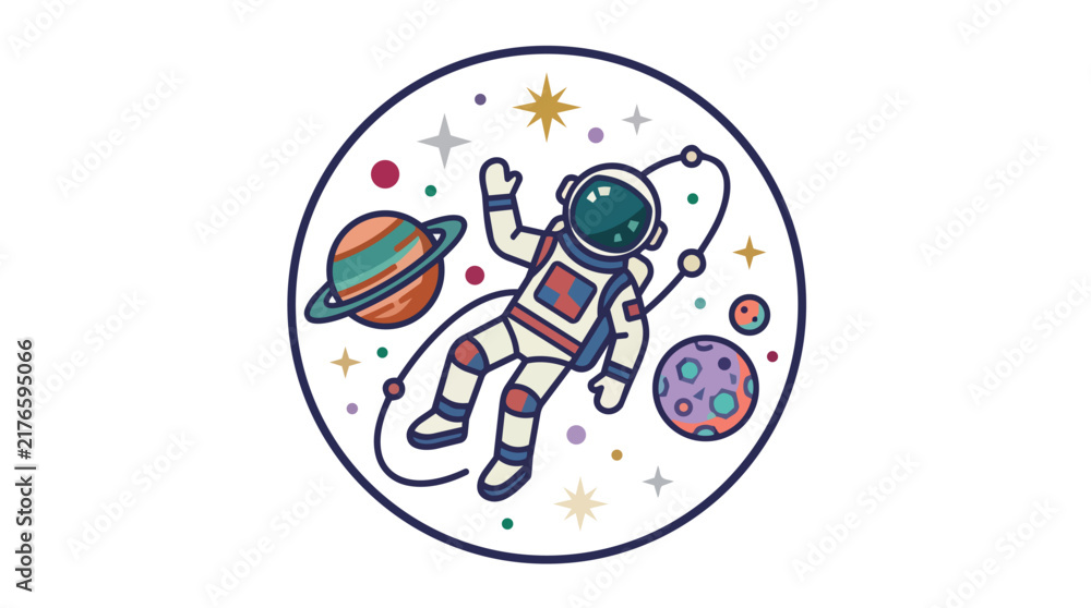 Fototapeta premium Spacewalking astronaut in interstellar galaxy circular badge flat vector illustration for futuristic apparel branding and science education