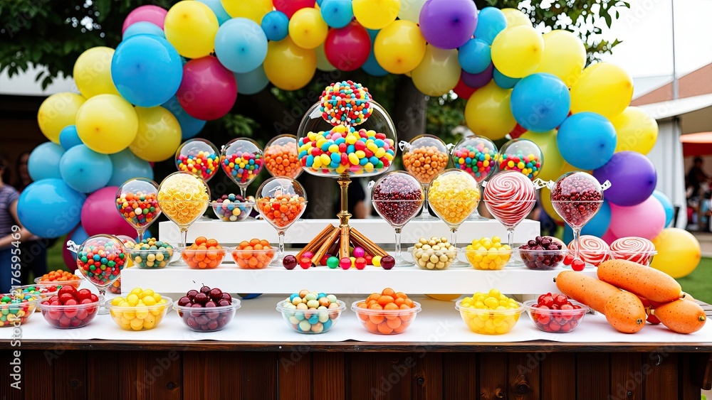 Fototapeta premium Colorful Candy and Sweets Display at a Carnival or Fair Booth with Balloons and Decorative Confectionery
