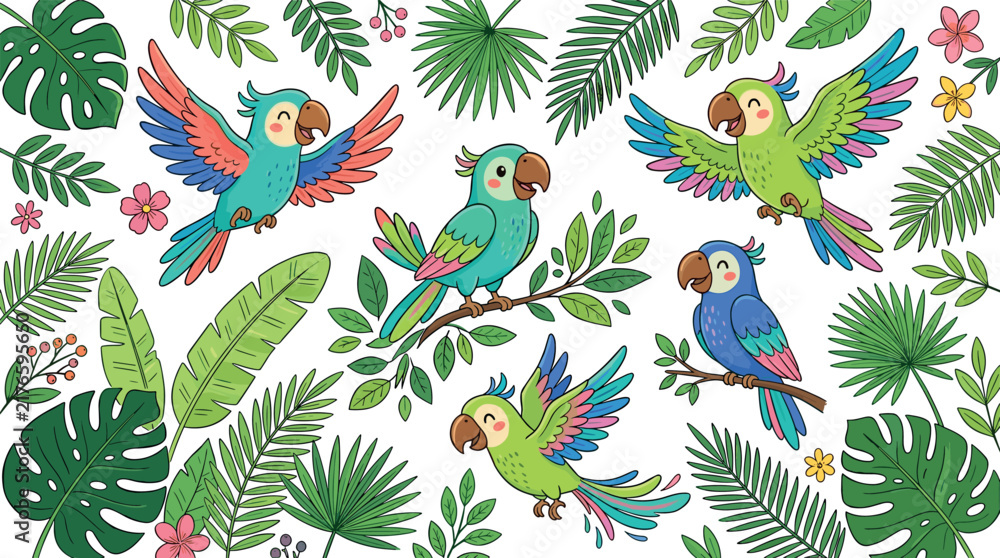 Obraz premium Cute tropical parrots collection flying and sitting among green monstera leaves and palm fronds, beautiful cartoon jungle birds vector illustration on isolated white background