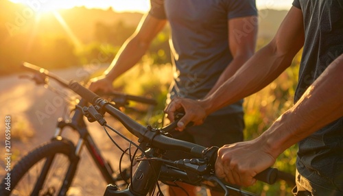 Two men with mountain bikes on a trail during golden hour