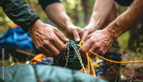 Four pairs of hands tying a rope on camping gear in a natural forest