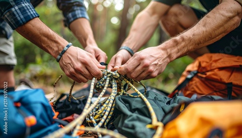 Hikers' hands tying knots and preparing ropes for outdoor adventure