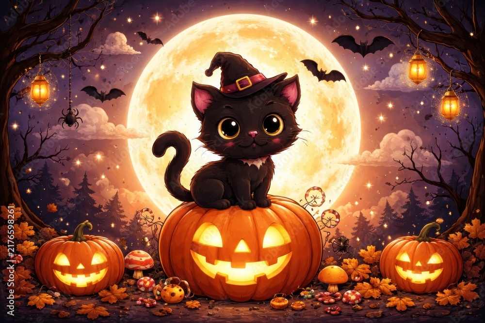 Fototapeta premium Enchanting Halloween cat illustration
