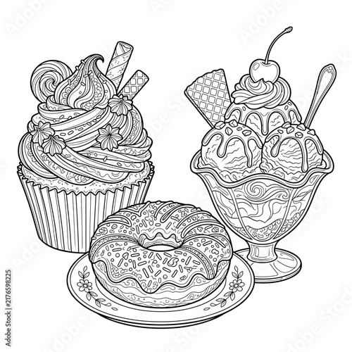 Photography Sweet Desserts Coloring Page Illustration Featuring a Detailed Cupcake Glazed Do